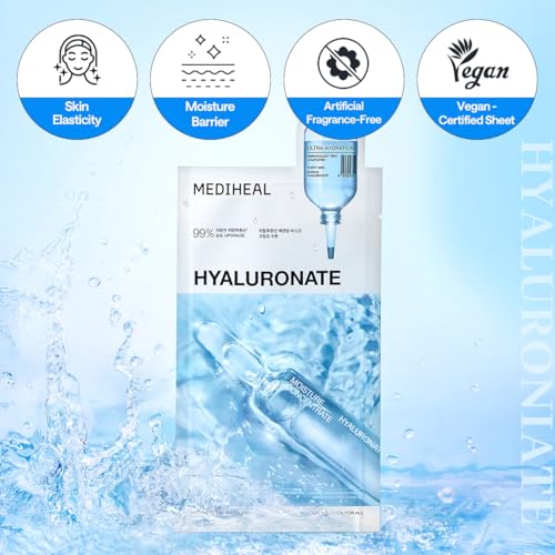 Image of Mediheal Essential Face Mask [Hyaluronic Acid] Ultra Hydration 10 pcs. with 98% Purity Hyaluronic Acid for long-lasting, deep hydration, Moisture Barrier - Travel Size, Vegan Formula Korean Sheet Mask