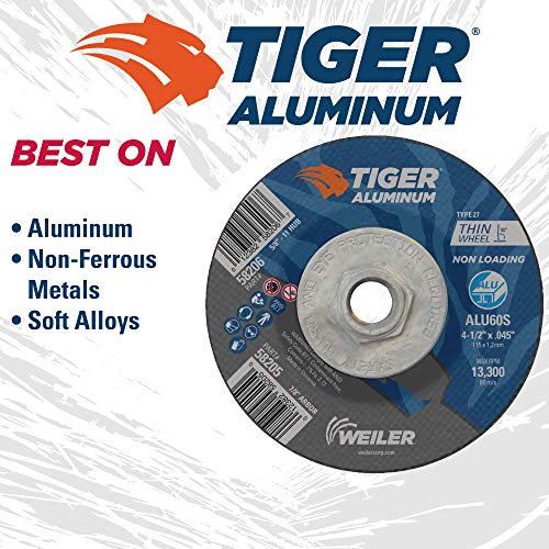 Image of Weiler 58206 4-1 /2 Inch Cutting Wheel, Tiger Aluminum Non-loading Contaminant-free High Performance Cutting, .045 inch ALU60S Type 27 5 /8 inch-11 Hub, Pack of 10
