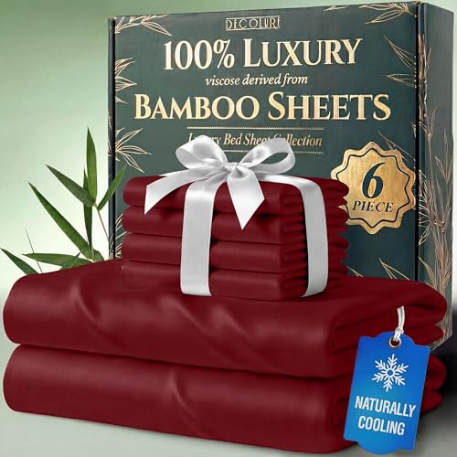 DECOLURE 100% Viscose Derived from Bamboo Sheets Cal King Size 6pcs - Ultra Soft & Luxuriously Cooling, 17" Deep Pocket, Double Stitching, Perfect for Hot Sleepers - King Bed Sheets (Burgundy)