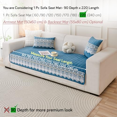 Image of HOKIPO 'BelleLace Series' Imperial Milk Velvet Sofa Cover Mat with Lace Design| Make Your Own Sofa Cover Set, Mat Length 90(D) x 220(L) cm, Celdaon Blue (AR-5968-BL)