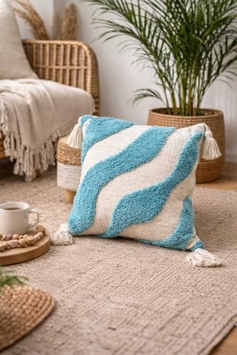 Image of Cushion Cover Pack of 3 (16x16 Inches) | Cotton Textured Decorative Throw Pillow Case for Sofa Bed Living Room Tufted Cushion Cover with Tassels (Blue & Off White)