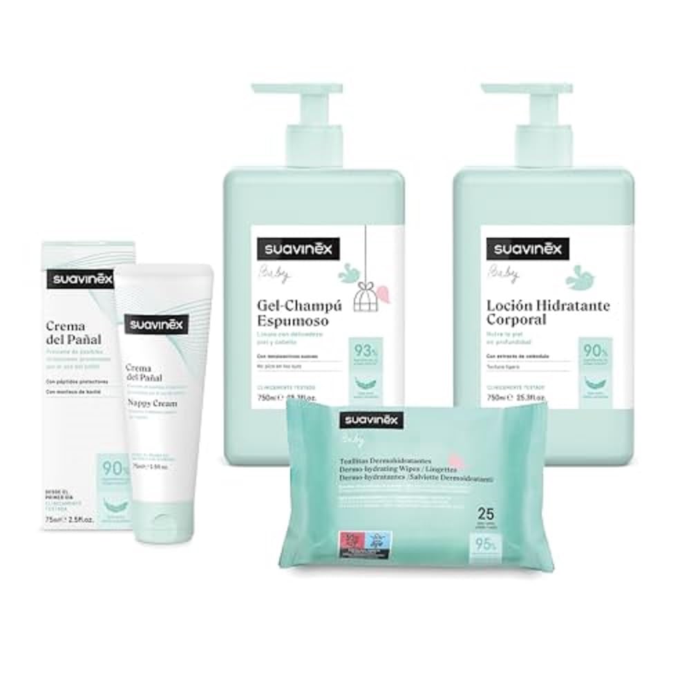 Suavinex, Pack Cosmética Gran Formato. Incluye: Gel-Champú Espumoso 750 ml + Loción Hidratante 750 ml + Crema Pañal 75 ml + Pack Toallitas 25 uds. Pack Bebé Recién Nacido, 4 productos
