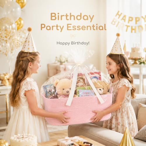 Image of OIASKET Large Empty Cotton Rope Gift Basket with Handles, 16.5 inchx12.6 inchx7 inch Decorative Woven Storage Basket with Gift Bag and Ribbon Set for Baby Shower, Toy Organizer for Kids, Dogs & Cats - Pink