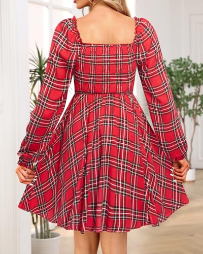 Image of Holipick Women's Casual Square Neck Smocked Dress Shirred Ruffle Puff Sleeve High Waist Cute Flowy A-Line Short Dress
