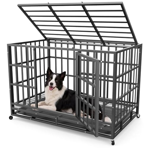 IronovaPets 42 Inch Heavy Duty Dog Crate, Indestructible Escape-Proof Dog Kennel for High Anxiety Large Dogs, Strong Carbon Steel Metal Cage with Double Doors, Lockable Wheels & Removable Tray