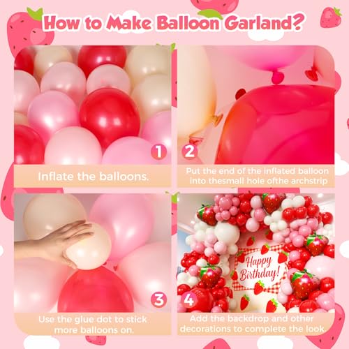Image of Strawberry Balloons Garland Arch Kit 163pcs with 27 inch Strawberry Foil Balloons, Red and Pink white Balloons for Sweet Girl Berry First Birthday Themed Baby Shower Strawberry Party Decorations