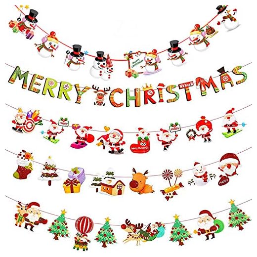 5 Pièces Noël Guirlande Banderole, Noël Décoration Suspendu en Papier Guirlande, avec Motif de Lettre de Dessin Animé, père Noël, Bonhomme de Neige et Renne, Utilisé pour la Décoration Fête de Noël