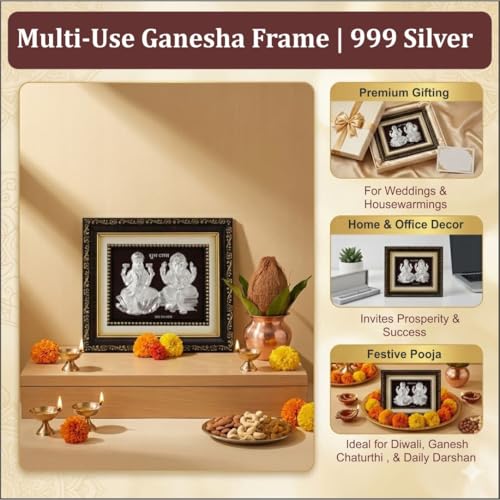 Image of 999Pure Silver Laxmi Ganesh Photo Frame for Home & Office | Premium Silver | PoojaRoom & Wall Decor | Wedding & Festival Gifts | Certificate Included | Tabletop Size 5.5x5 inch