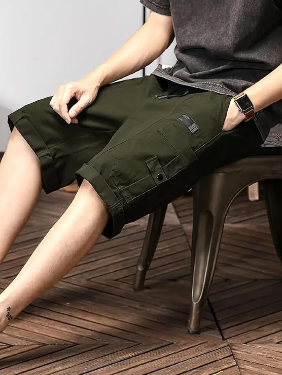Image of Men's 100% Pure Cotton Cargo Shorts | Regular Fit Knee Length Utility Shorts with Multiple Pockets | Casual Outdoor Summer Wear Shorts for Men
