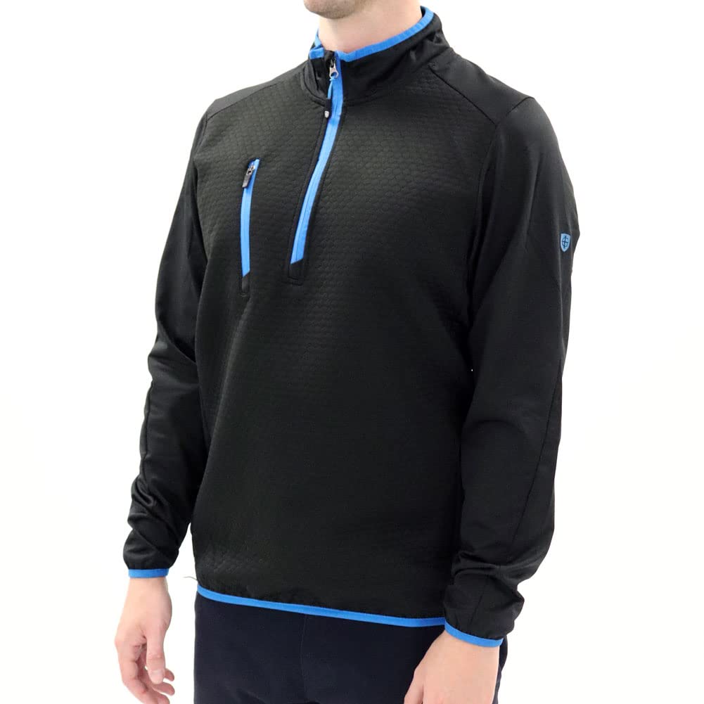 Island Green Men's 1/4 Zip Top Layer with Heat Welded Padded Yoke Sweater, Black/Turquoise, X-Large