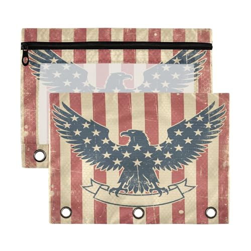Blueangle Vintage USA Eagle Pencil Pouch for 3 Ring Binder, 2 Pack Clear Window Zipper Pencil Bags for Office