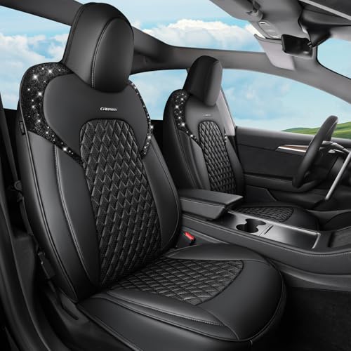 CAR PASS Car Seat Covers for Tesla Model 3 Nappa Leather Bling Diamond Car Seat Protector Full Coverage Airbag Compatible Custom Fit 2017 2018 2019 2020 2021 2022 2023 2024, Black Rhinestone Full Set