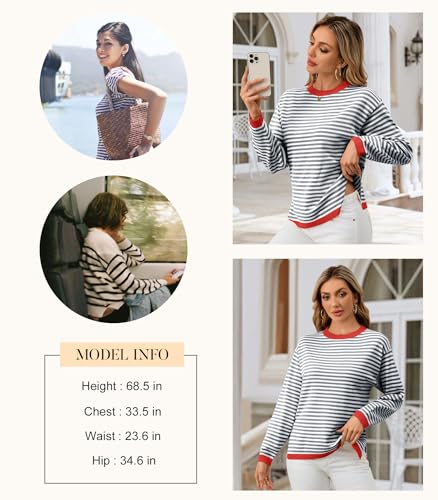 Image of Womens 2024 Striped Long Sleeve Sweaters Fall Crewneck Color Block Shirts Knited Pullover Tops Side Split Dark Blue White
