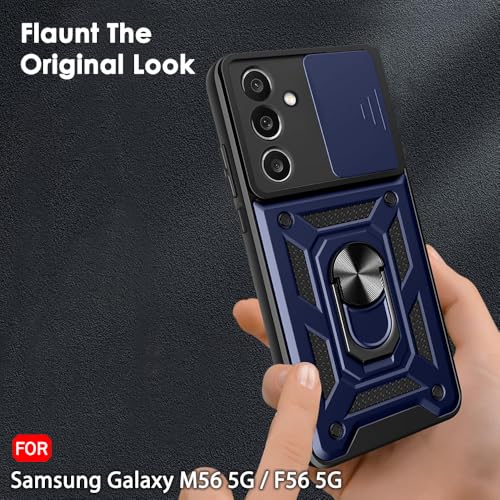 Image of TheGiftKart Tough Armor Bumper Back Cover Case for Samsung Galaxy M56 5G / F56 5G | Kickstand & Ring Holder | 360 Degree Protection Cover for Samsung M56 / F56 (PC & TPU, Sliding Camera Cover, Blue)