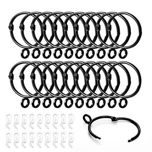 Curtain Hooks and Rings, 20 Pcs Black 32mm Internal Diameter The Can Be Opened and Closed curtain rings metal and Plastic Curtain Hooks,for Hanging Rings Curtains and Rods (20 Pcs)