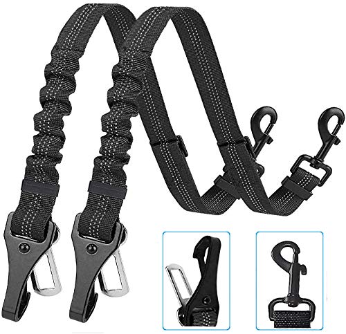 Corooci Dog Seat Belt，2021 Newest 2-in-1 DESIGN Latch Bar Attachment Pet Car Seatbelt Metal Buckle Elastic Buffered Reflective Nylon Belt Tether for Dogs Safety Belt Harness for Travel Daily Use (Black, 2 PACK)