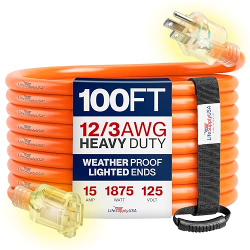 100ft Outdoor/Indoor Extension Cord 12/3 Gauge Extra Heavy Duty 3 Prong SJTW, Waterproof, Flexible...