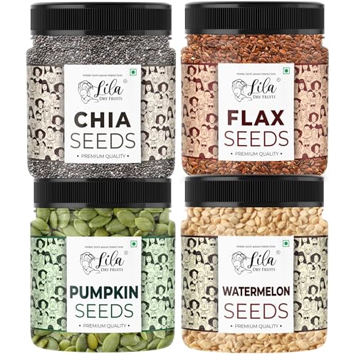 LILA DRY FRUITS Seeds Combo Chia, Flax, Pumpkin & Watermelon Seeds 250 Gms Each | 100% Natural, Gluten-Free Healthy Seeds for Eating | High in Fiber & Protein | Perfect for Gifting | 1 KG LILA DRY FRUITS Seeds Combo Chia, Flax, Pumpkin & Watermelon Seeds 250 Gms Each | 100% Natural, Gluten-Free Healthy Seeds for Eating | High in Fiber & Protein | Perfect for Gifting | 1 KG