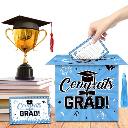 Image of Class of 2025 Graduation Card Box Light Blue Congrats Grad Cap Shaped Card Holder Boxes with Tassel and 48 PCS Advice Wishes Cards for 2025 High School College Centerpiece Ceremony Graduation Party