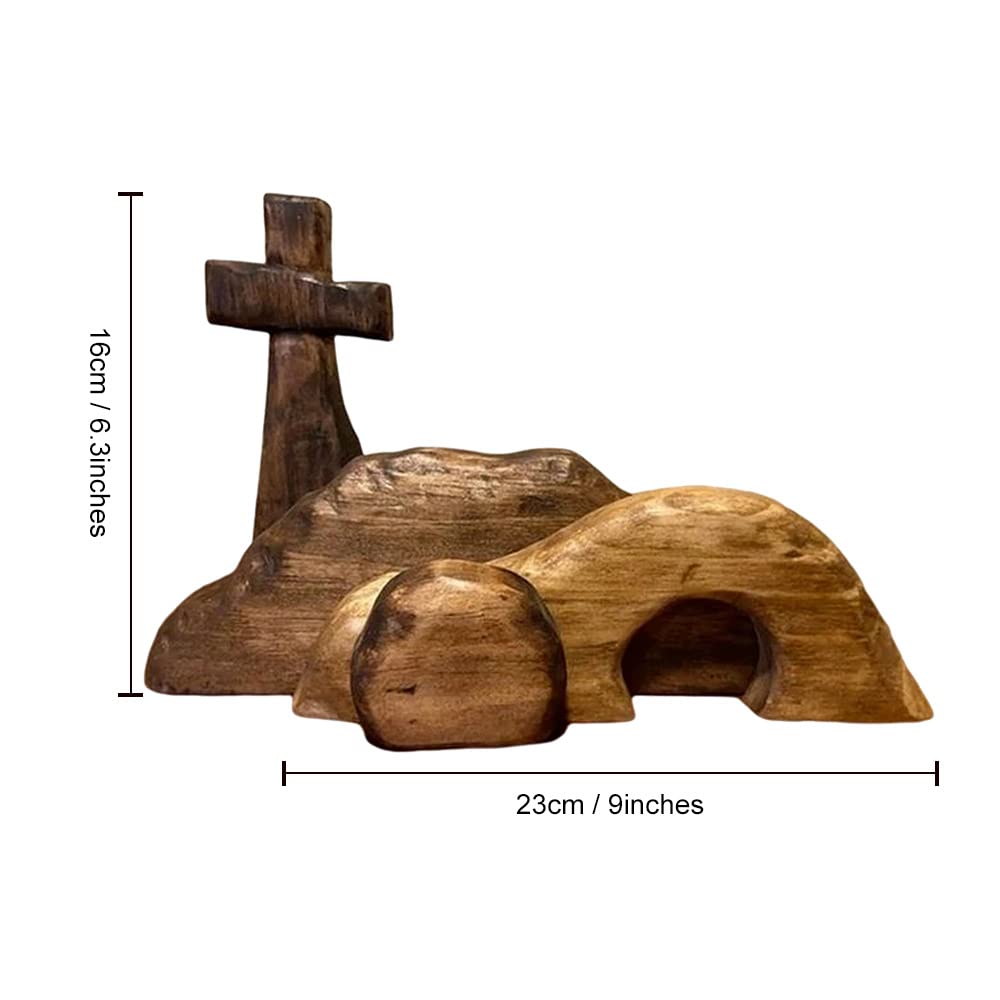 Easter Resurrection Scene Set The Empty Tomb Easter Scene and Cross,Wooden Jesus Nativity Christ Statue Decoration, Handcrafted Cross Figurines Decor Christian Home Wall Shelf Ideas(B)