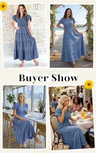 Image of ECOWISH Summer Maxi Dress for Women Casual Flowy V Neck Short Sleeve A Line Empire Waist Tiered Long Dresses with Pockets