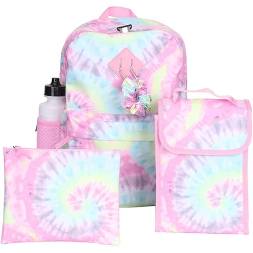 CLUB LIBBY LU Tie Dye Backpack Set for Girls, 16 inch, 6 Pieces - Includes Foldable Lunch Bag, Water Bottle, Scrunchie, & Pencil Case