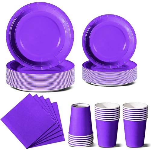 Nkaiso Anniversaire Vaisselle de fete 96 Pièces Violet Party Assiettes en Papier Set Assiettes de Fête Jetables Papier Tasses Serviettesr, pour Barbecue les Fêtes les...