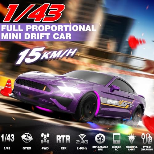 Image of FEXXA 1 /43 Scale RC Drift Race Car Gyro 4WD Ready to Go Mini Remote Control Car High Speed Model (1:43 RC Drift Mustang-Purple)