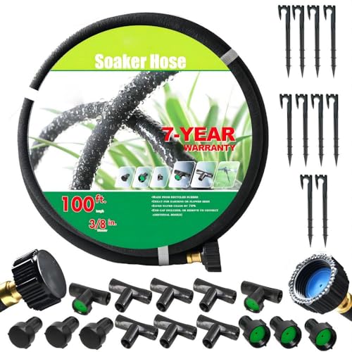 AEACUS Soaker Hose 3/8 inch x 100FT,Garden Hose With Fittings,Heavy Duty Soaker Hose-Saves 70% Water For Lawn(100FT).