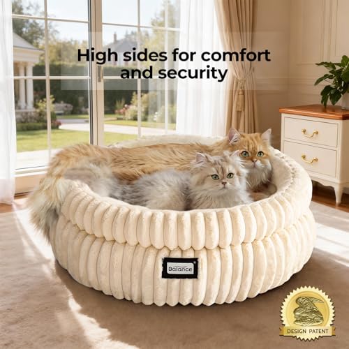 Image of BALANCE Cat Bed Kitten Bed, Washable Round Cat Beds for Indoor Cats,Super Soft Plush Faux Fur Pet Bed for Puppy and Kitten with Anti-Slip Bottom