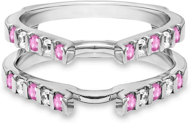 Round Cut Pink Sapphire & White Diamond Wrap Enhancer Wedding Band for Women, 14K Gold Finish 925 Silver Ladies Bezel Set Pink Sapphire Guard Band Ring