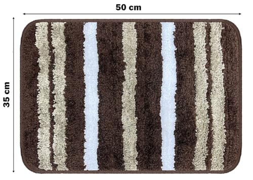 Image of VAS COLLECTIONS Microfiber Solid & Striped Anti-Skid Bath Mats - Pack of 2 (Brown & White, 35x50 cm)