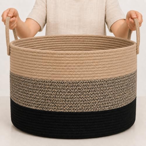 Image of OrganiHaus Round Toy Basket & Blanket Basket, Cotton Rope 20x13 inch | 3-Toned Brown - Round Cotton Rope Basket, 20x13 inch