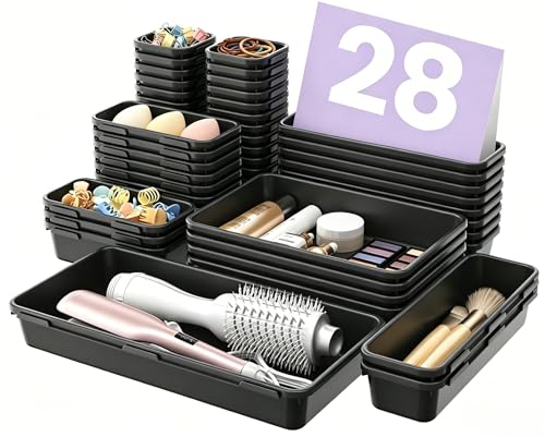 Image of A-LuGei 【Military Grade Drawer Organizer, 【𝟱𝗦𝗶𝘇𝗲】 Makeup organizer, 【Holds 177 Items】 Bathroom Organizers and Storage, Organization and Storage, Desk Drawer Organizer for Vanity (Black)