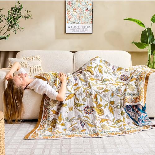 Image of XIBLC Fall Throw Blanket for Couch, Brown Boho Decorative Throw Blanket, 100% Cotton Muslin Breathable Woven Farmhouse Blankets Quilt, 50 inchx60 inch Reversible Lightweight Blankets Bohemian Throw Quilt