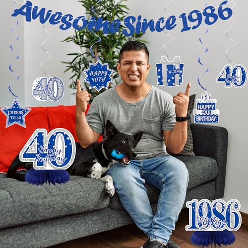 Image of Crenics Blue 1986 40th Birthday Decorations for Men or Women | Happy 40th Birthday Banner, Awesome Since 1986 Banner, Honeycomb Centerpieces and Hanging Swirls for 40 years old Party Supp