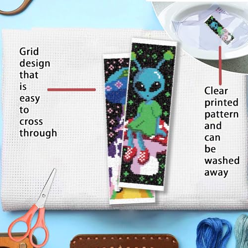 Image of FREEBLOSS 6 Set Cross Stitch Bookmark Kits Alien Pattern Stamped Cross Stitch Kit 11CT Embroidery Kit with Instructions for Beginners 20x6cm /8x2.4inch