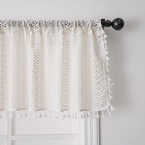 Deeprove Kitchen Curtain 24 Inch Length Set, Short Boho Sheer Lace Crochet Valance Tier Knitting Handmade Macrame Tassels For Dinning Room, Vintage Shabby Chic Home Decor W59 X L24, 1 Panel, White #TOP1