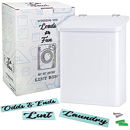 Magnetic Lint Bin for Laundry Room in White â€“ Metal Laundry Room Decor and Accessories Washer Dryer Sheet Container or Detergent Dispenser with Laundry Labels for Space Saving Laundry Organization