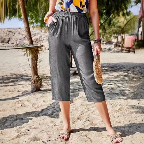 Capri Pants for Women Summer Elastic High Waist Linen Pants Wide Leg Trousers Loose Fit Beach Pant with Pockets