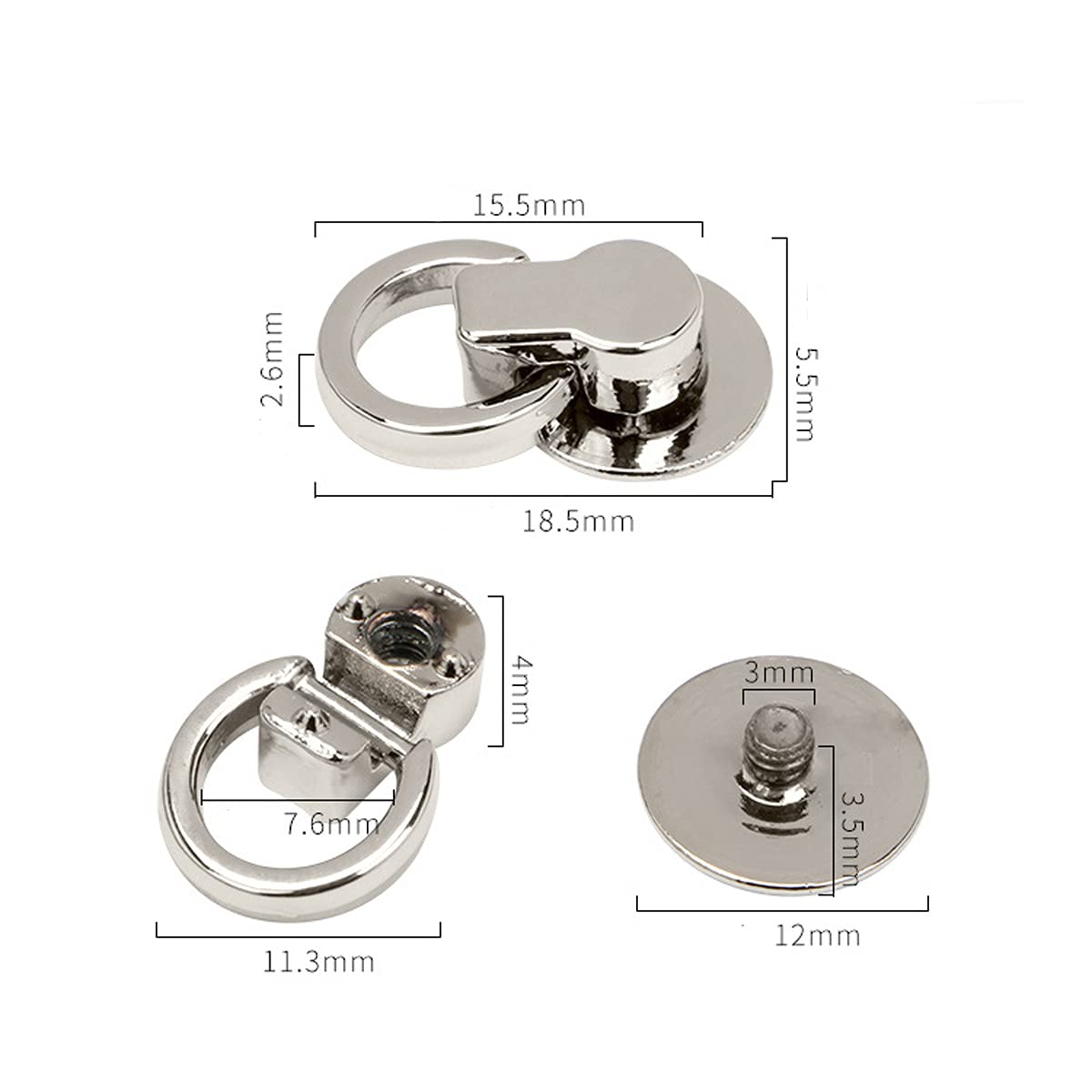 20 Set Flat Studs Rivets with D Ring and Screws Rotate Ball Post Head Buttons for DIY Leather Belt Collar Handbag Phone Case (Silver and Gun Black)