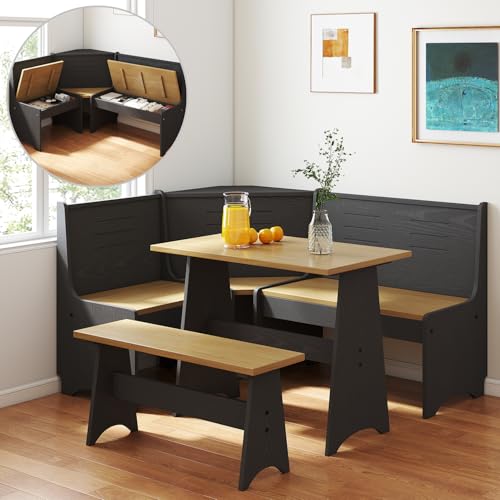 Breakfast Nook Kitchen Corner Dining Table Bench Chair Set, Hidden Storage Space-Saving 3-4 Seat L-Shape Farmhouse Mid Century Modern Style for Family Home Black Wood