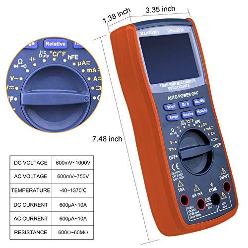 Kuman Digital Multimeter, 6000 Counts Voltage Tester Auto-ranging with AC/DC Voltage, Measuring Voltage, AC Current, Resistance, Frequency Counter, Tests Diodes, Transistor - Thumbnail 2