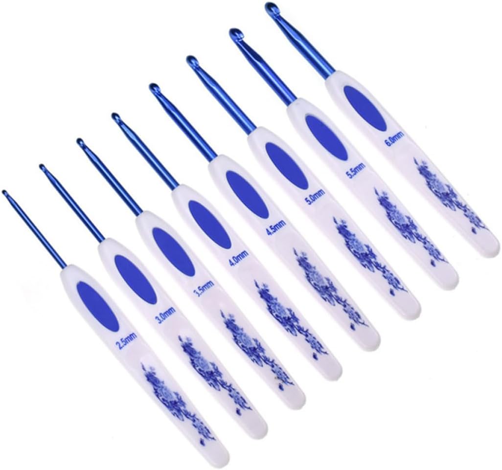 HOODANCOS Blue and White Crochet Hook Set Metal Tool Porcelain Style