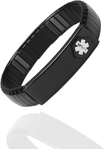 EnerMagiX Pulsera de alerta médica para hombre, acero inoxidable, ajustable, elástica, de identificación médica, 8.26 pulgadas (negro) para
