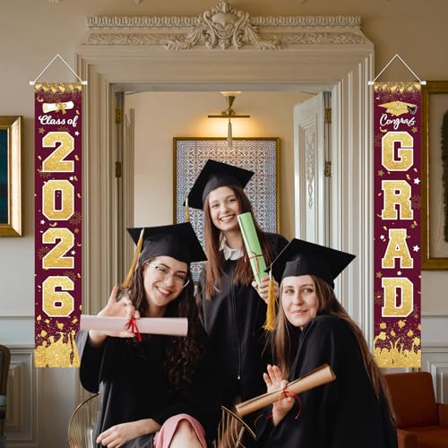 Image of 2026 Graduation Party Decorations - Maroon Gold Class of 2026 Congrats Grad Porch Sign Banner Hanging Flag Graduation Party Supplies for School College Classroom Decor