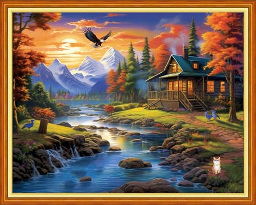 Image of Dooxvey Cross Stitch Kits for Adults Stamped Full Range of Embroidery Starter Kits for Beginners 11CT Printed Cross Stitch Patterns Needlepoint Kits Stamped Crossstitch- Riverside Scenic 16x20 inch