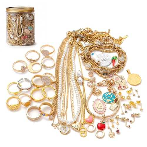 Bemonew Mystery Jewelry Jar Vintage Jewelry Mystery Jar 30 Pcs with Assorted Vintage Style Fashion Accessories, Golden Alloy Earrings Necklaces Rings Hair Claws gifting