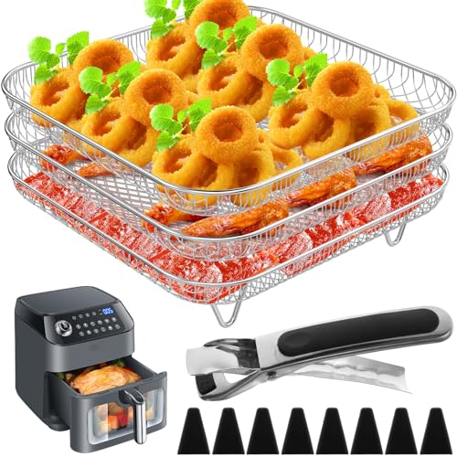 3 Layer Air Fryer Rack,Square Air Fryer Grill Rack,Stainless Steel Grill Dehydrator Rack,Air Fryer Basket,Air Fryer Dehydrator Rack,Air Fryer Rack Accessory for Air Fryer Baking Cooking