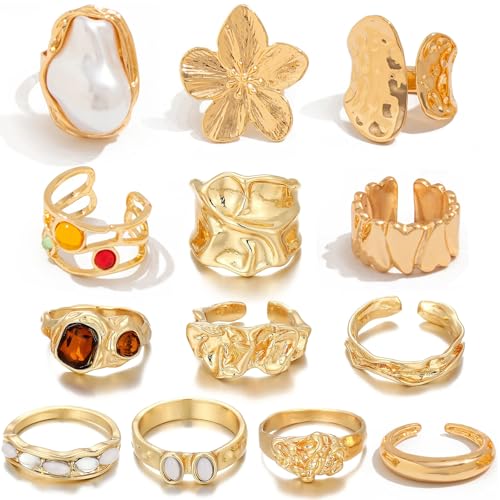 CHICUTIE 13pcs Gold Chunky Rings Set for Women 14k Gold...